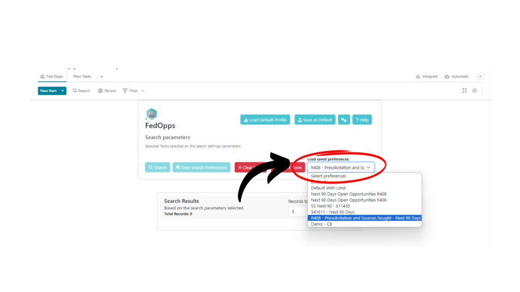 Load a previously saved search from sam.gov